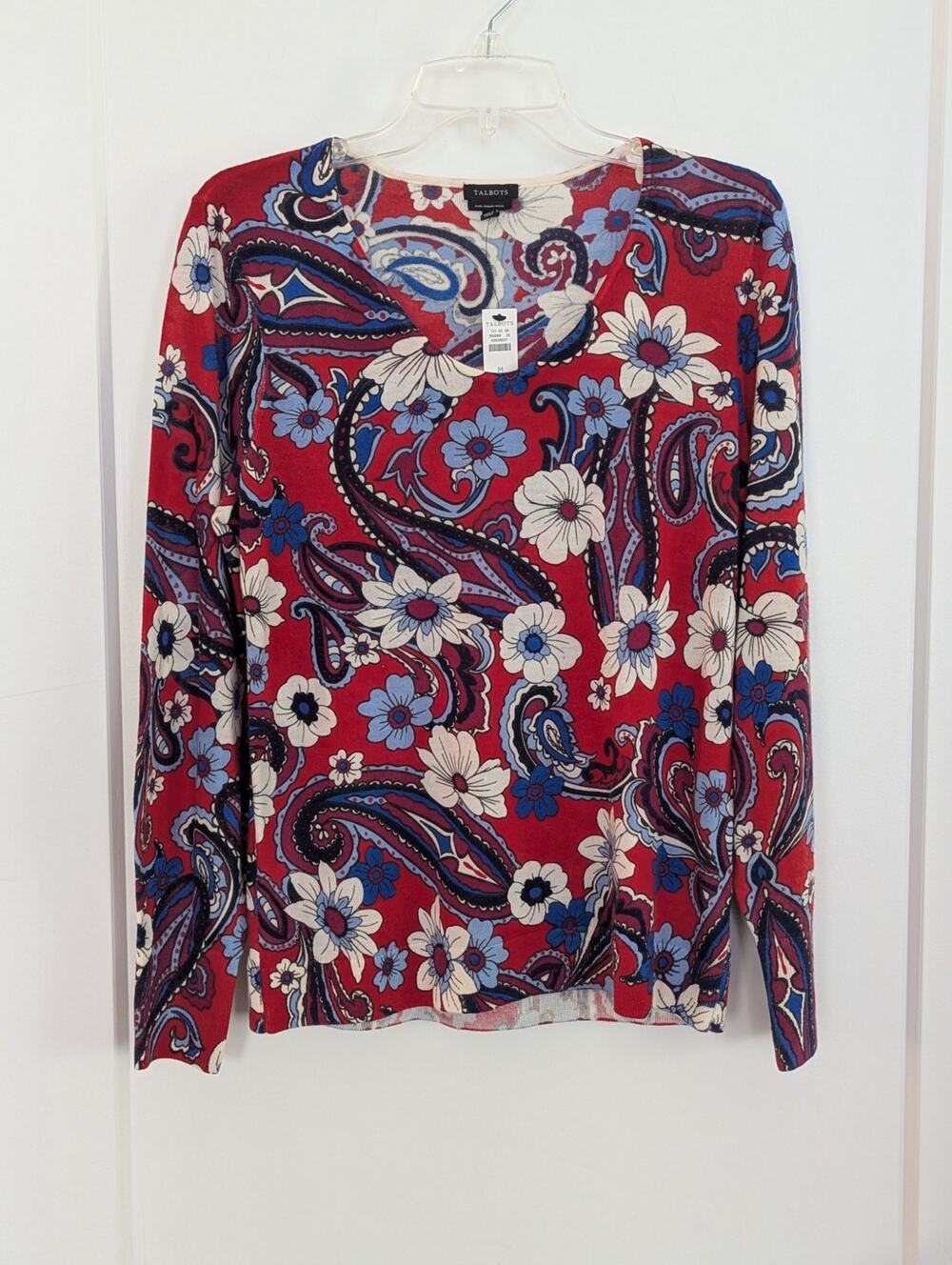 NWT Talbots 100% Merino Wool Sweater M V-Neck Paisley Floral Red